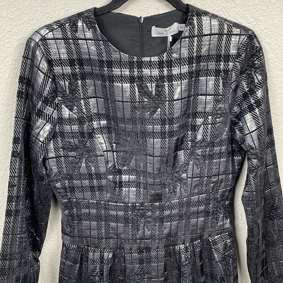 NWT Sabrina Lachapelle Textured Plaid Brocade Metallic Long Sleeve Dress Sz 36 - Picture 2 of 11